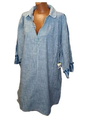 Simply Emma Resort Tunic Shirt Dress 2X Blue Nautical Striped Cotton Coastal Nwt